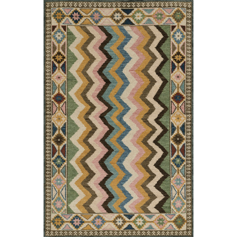 Tapis géométrique multicolore en laine noué à la main Deitrich Lakita 9 pi x 12 pi, Rectangle 9 pi x 12 pi
