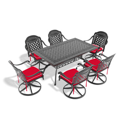 Ensemble de salle à manger 7 pièces en fonte d'aluminium toutes saisons, comprenant 6 chaises pivotantes et une table rectangulaire avec cadre noir