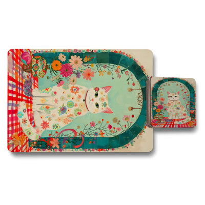Cat Art Placemat And Coaster Set With Wood Bottom Print Technology Designer Collection Limited Edition