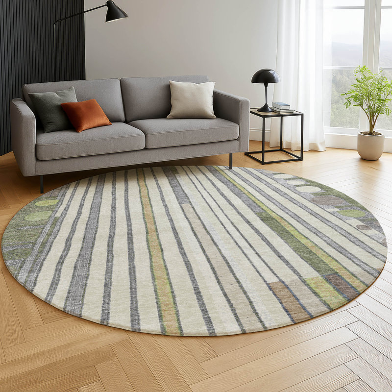 Premium Machine Washable Mayfield AMF2189 geometric Rug, Olive, 8' Round