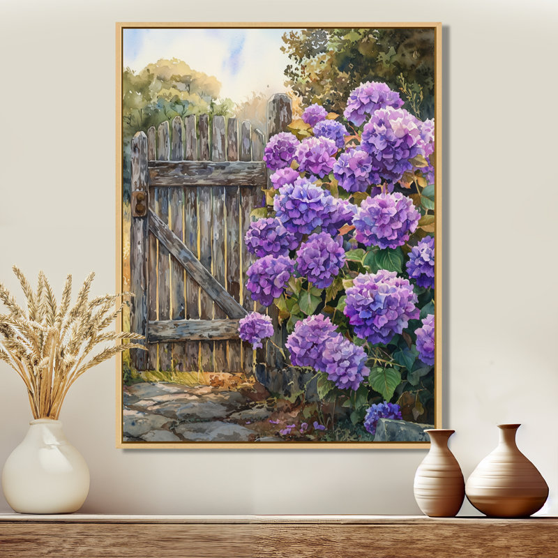 «Alayna Summer Hydrangeas By The Farm Fence I», reproduction sur toile, H 44 po x l 34 po, Reproduction avec cadre flottant