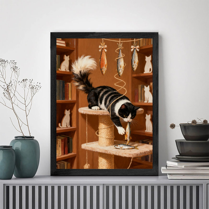 Reproduction d'art encadré noir avec chats rétro et leurs délicieux poissons séchés, H 37 po x l 25 po