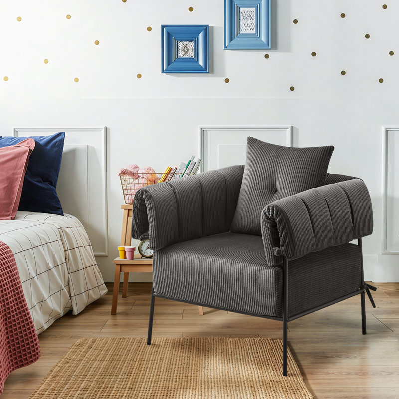 Fauteuil rembourré avec coussin d'assise et coussin plus épais, Velours côtelé gris