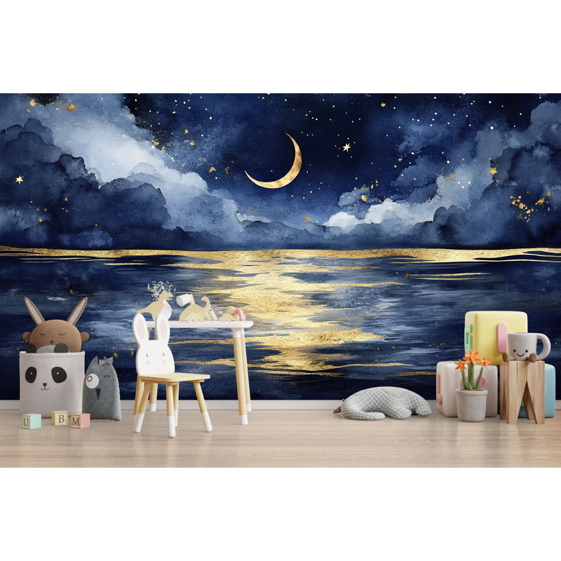 Murale mer clair de lune - papier peint chambre de bébé ciel nocturne, mur décoratif lune en croissant pour chambre d'enfant ou chambre à coucher Vn857 (Peel-N-Stick) VN857