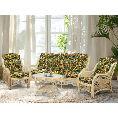 Malibu Lounge Set Of 4: 2 Natural Rattan Wicker Chairs, Three-Seater Sofa With Cushions And Coffee Table With Glass Handmade