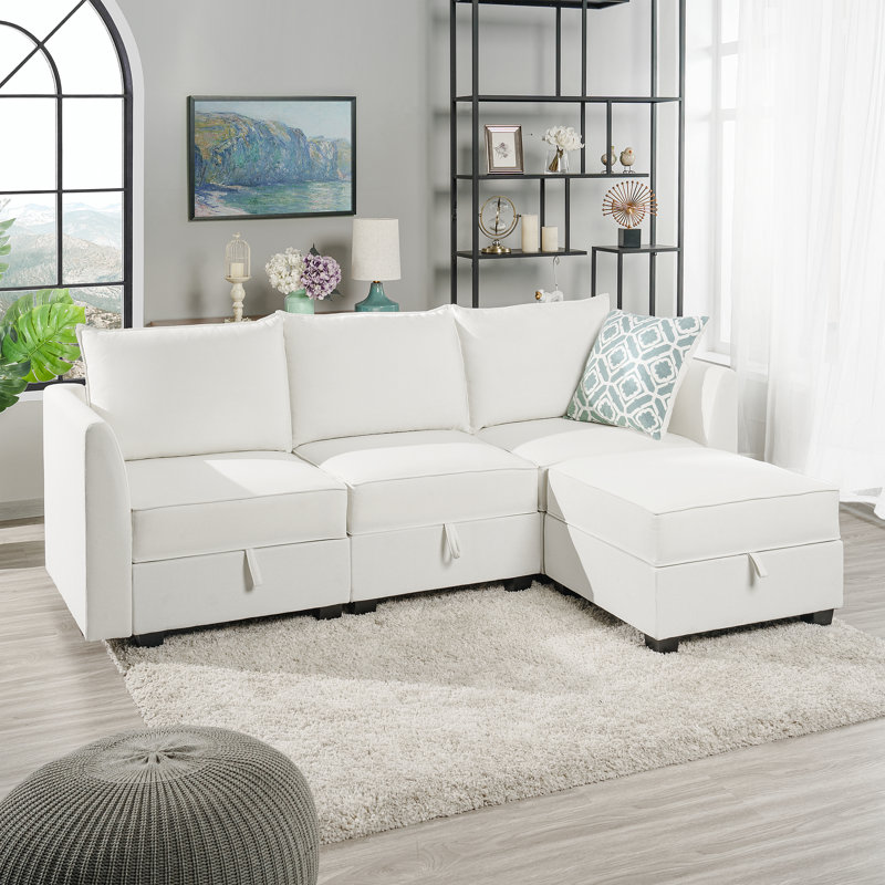 Maeoma Modern Reversible Linen Sectional Sofa Couch with Ottoman, L-Shaped Modular Convertible Sofa, White 100% Linen
