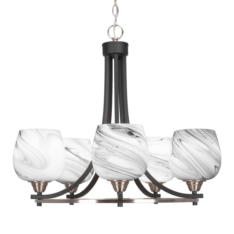 Agnesa 5 Light Uplight Chandelier Shown In Matte Black & Brushed Nickel Finish With 6" Onyx Swirl Glass
