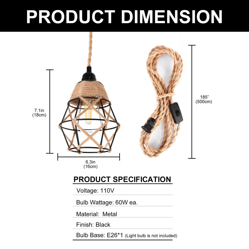 Herblain 1-Light Retro Diamond Plug-in Hand Woven Pendant Light with On/Off Switch
