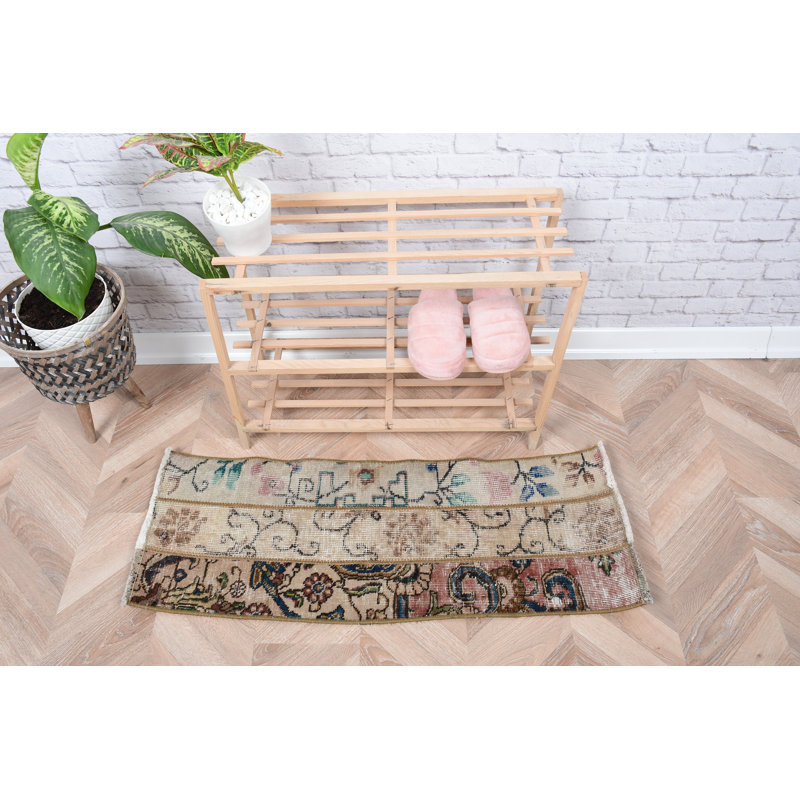 Handmade Vintage Turkish Runner Rug in Beige With Pastel Floral Pattern for Unique Home Decor