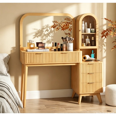 Uwant Fluted Makeup Vanity Desk with Large Mirror and Glass Top, 4 Drawers and Storage Cabinet with Charging Station, Dressing Table Set for Bedroom, Natural
