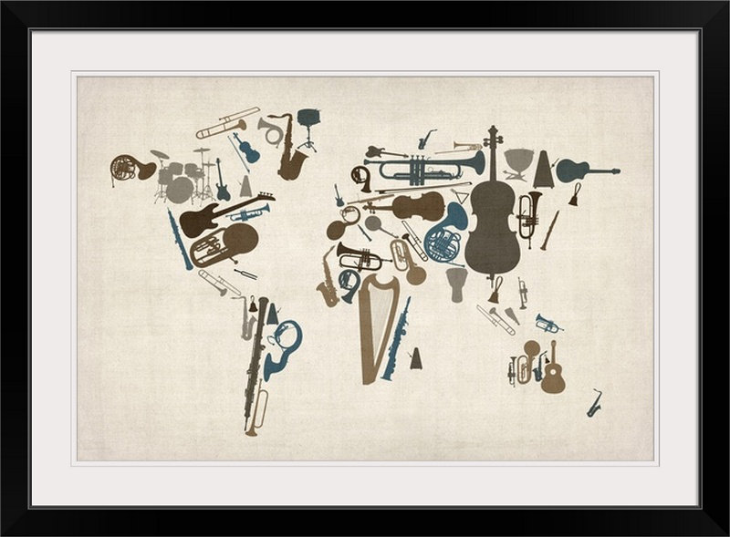 Francy «World Map» par Aniesha, impression, H 20 po x l 26 po x P 1 po, Cadre noir