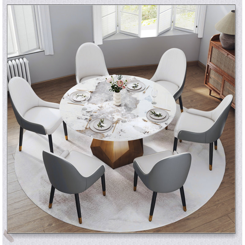 Table de salle à manger 53 po ronde en marbre artificiel avec base en métal, 6 places, parfaite pour les maisons modernes