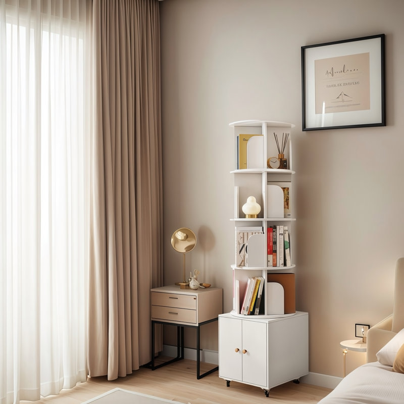 Bibliothèque rotative, bibliothèque d'angle à 5 niveaux à 360 degrés, étagère de rangement pour bibliothèque au sol, étagère à livres étroite en bois pour la chambre à coucher (BLANC)