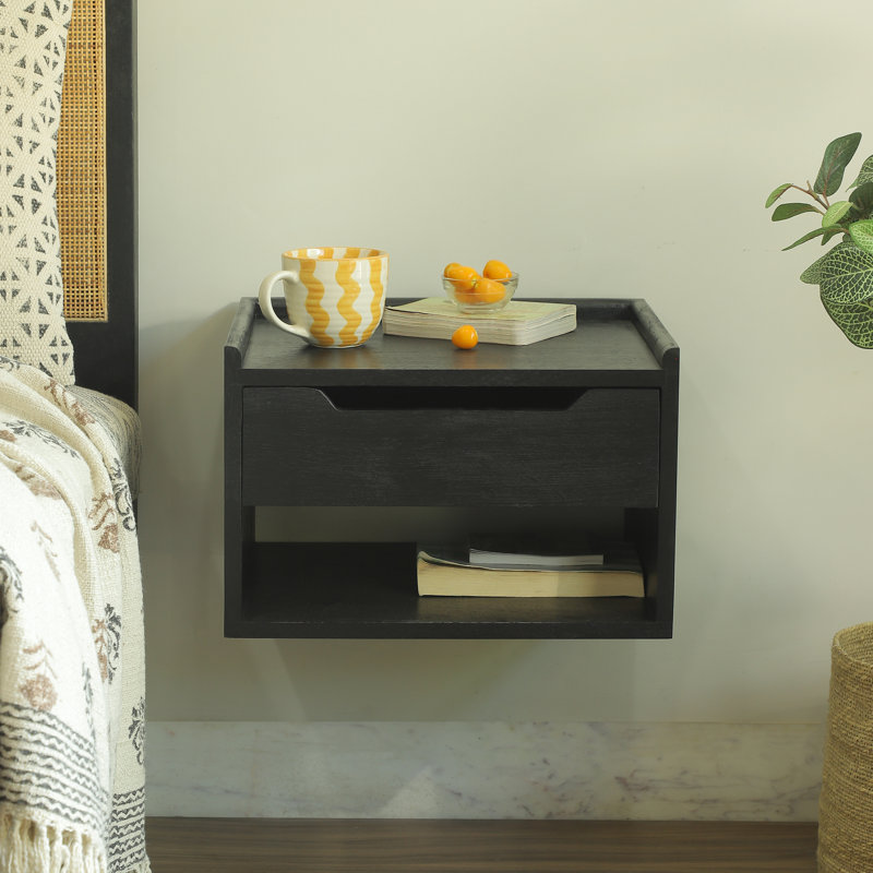Table de chevet Alina en bois massif avec plateau et rangement ouvert, Noir