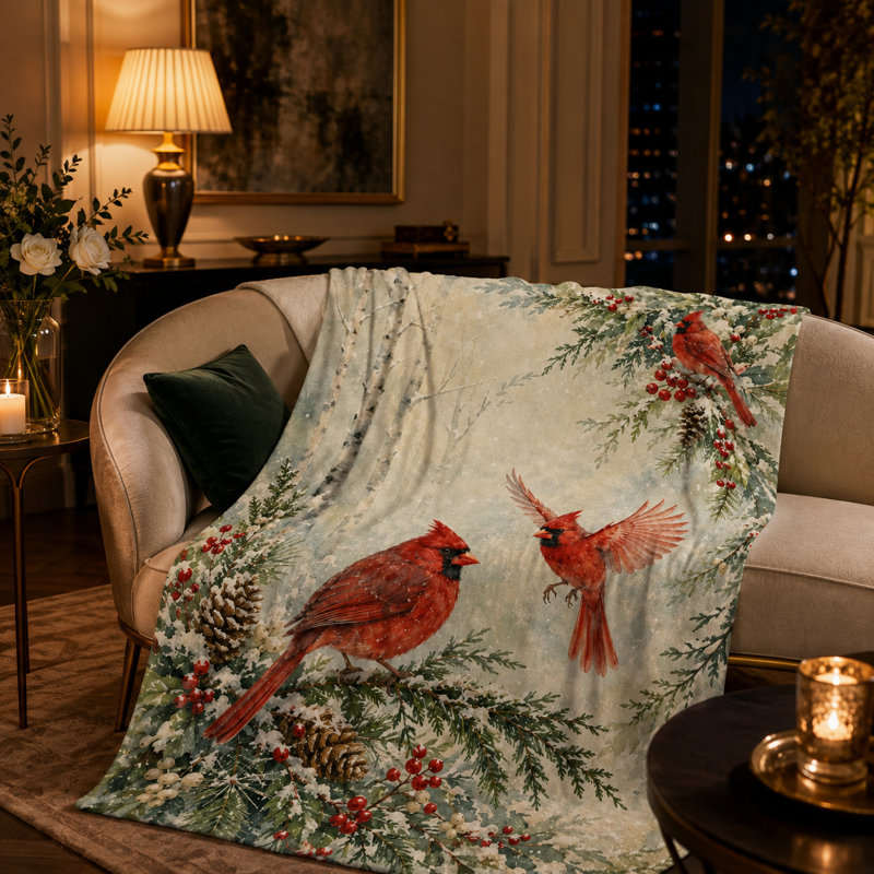 Jeté en forme de bouleau enneigé Cardinal, trois oiseaux rouges avec pommes de pin, aiguilles à feuilles persistantes et baies d'hiver, couche de flanelle pour canapé, lit et cabane, 30 x 40 po