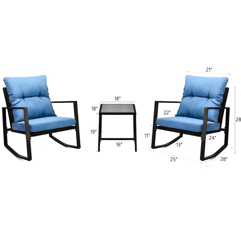 Bistro d'extérieur moderne - 3 pièces avec coussins bleus pour piscine, jardin, pelouse. Mobilier de terrasse en métal et polyéthylène. Parfait pour la pelouse et la piscine.