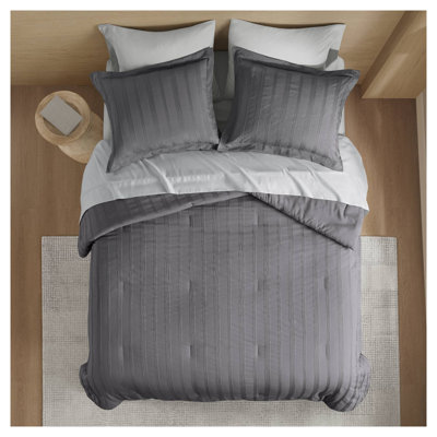7-Piece Full Size Woven Striped Comforter Set - Charcoal Microfiber Bedding with Sheets & Pillowcases for Modern Minimalist Bedrooms
