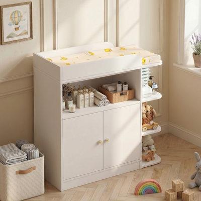Baby Changing Table Dresser, with Large Cabinet and 4 Open Shelves, Multi-Functional Diaper Changing Station