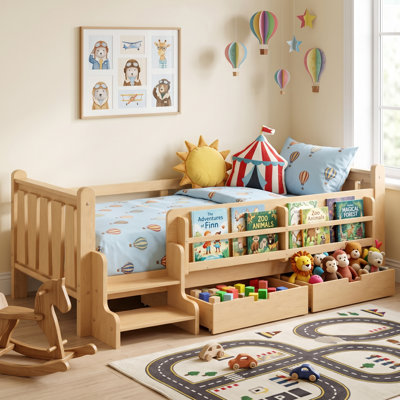 Solid Wood Kids Floor Bed with Storage Bookcases and Drawers, Montessori Toddler Bed with Cute Stairs and Guardrails