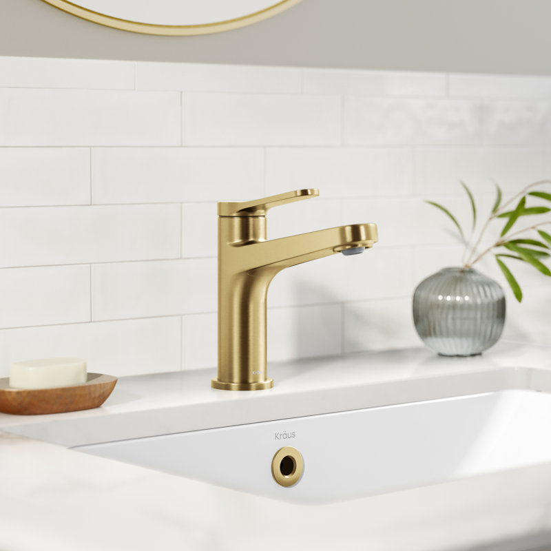 Robinet de salle de bain KRAUS Indy sans tache avec poignée simple, bonde escamotable et conduites d'alimentation