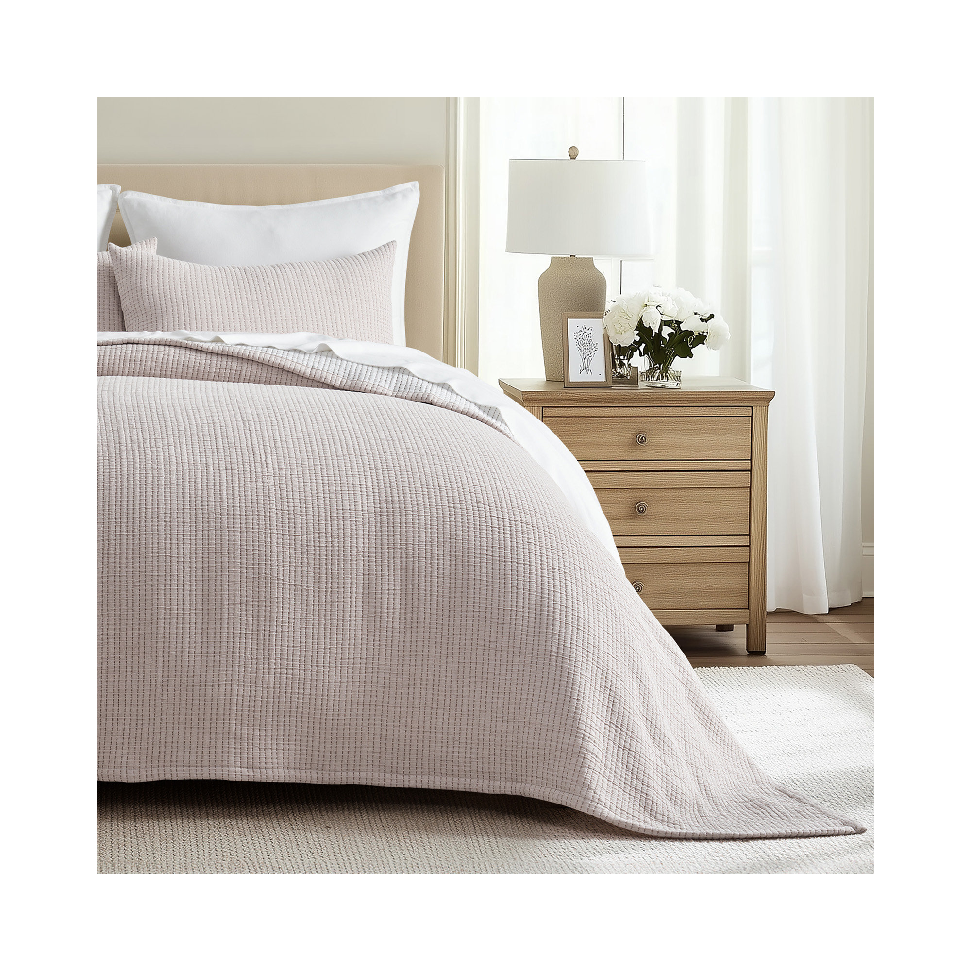 Solid Cotton Gauze Pick-stitch Matelesse Coverlet Bedspread set, King Quilt + 2 King Shams, Beige/White