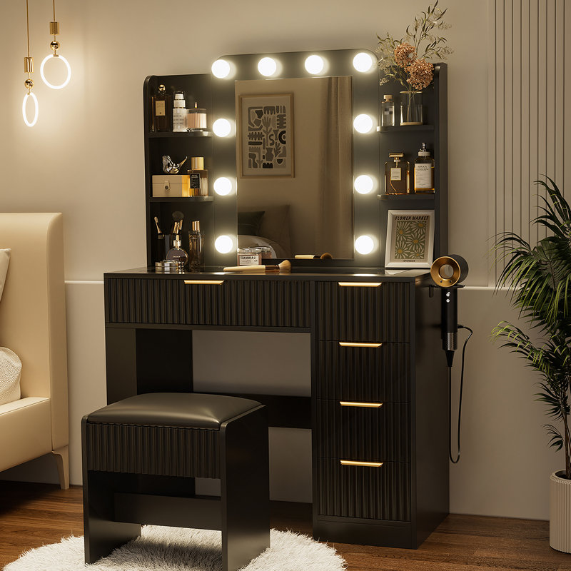 Ensemble de coiffeuse avec miroir et lumières, bureau de coiffeuse et tabouret rembourré avec station de charge, tiroirs de rangement et plateau de table transparent
