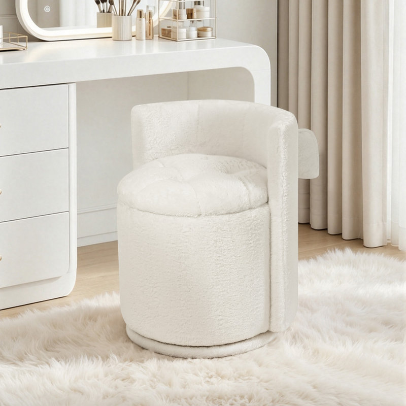 Tabouret de coiffeuse en simili lapin avec dossier et coussin douillet, Beige Long Plush