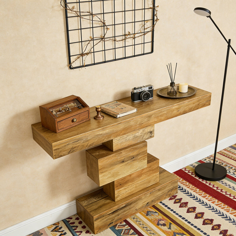 Wood Sofa Table Accent Table with Geometric Base, Light Brown