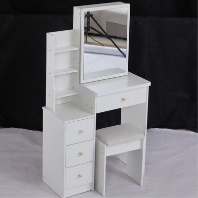 Compact Left Bedside Dresser Vanity Table, Comes With Cushioned Stool & Large Sliding Mirror, Multi-Layer Storage, Chic For Small Spaces, White Space- Cabinet Padded Big Fashionable Rooms
