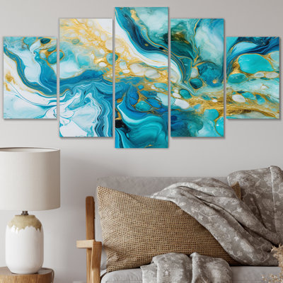 Turquoise luxueux abstrait fluide Art XX - décoration murale abstraite - 5 panneaux