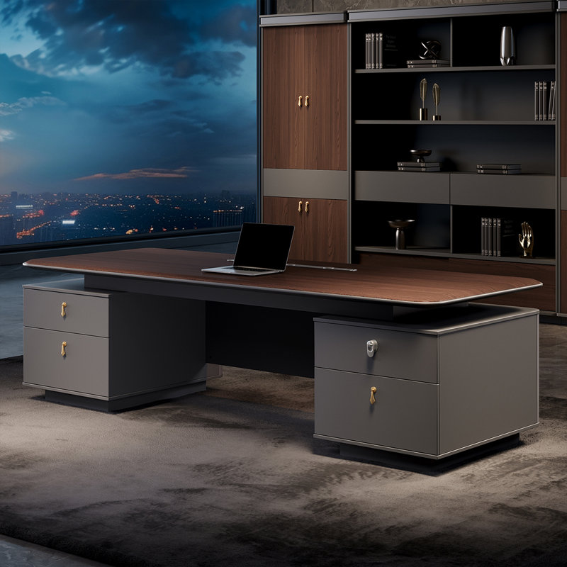 86.61"Modern administrative rectangular walnut-colored density board office desk, 29.53" H x 86.61" W x 38.58" D