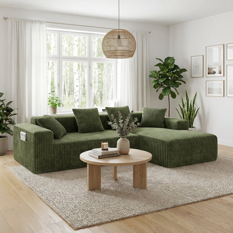 Modern Oversized Corner Sofa L-Shaped Corduroy Sofa With Storage Pockets , Right Hand Facing, Green