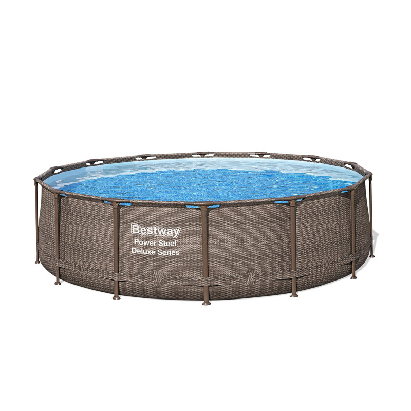 Bestway Power Steel Round Above Ground Outdoor Swimming Pool Set with Filter Pump and Cover, Brown Wicker Print