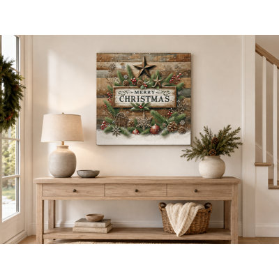 «Rustic Woodland Merry Christmas Wreath», reproduction sur toile tendue