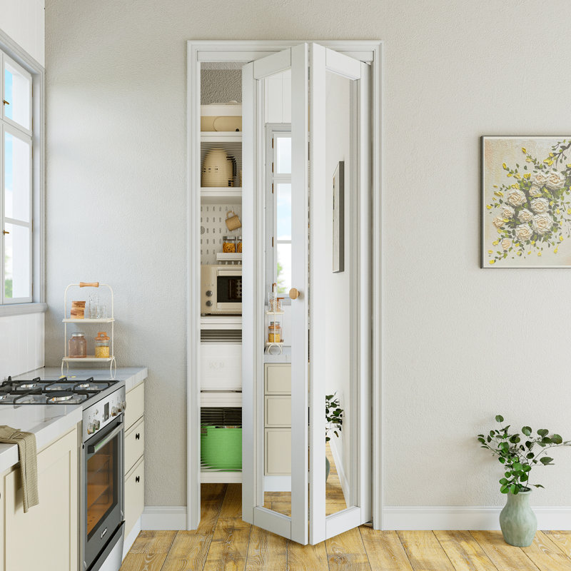 Paintable 1-Lite Mirrored Glass Solid Core Primed Bi-fold Doors with Installation Hardware Kit, 30" x 80"