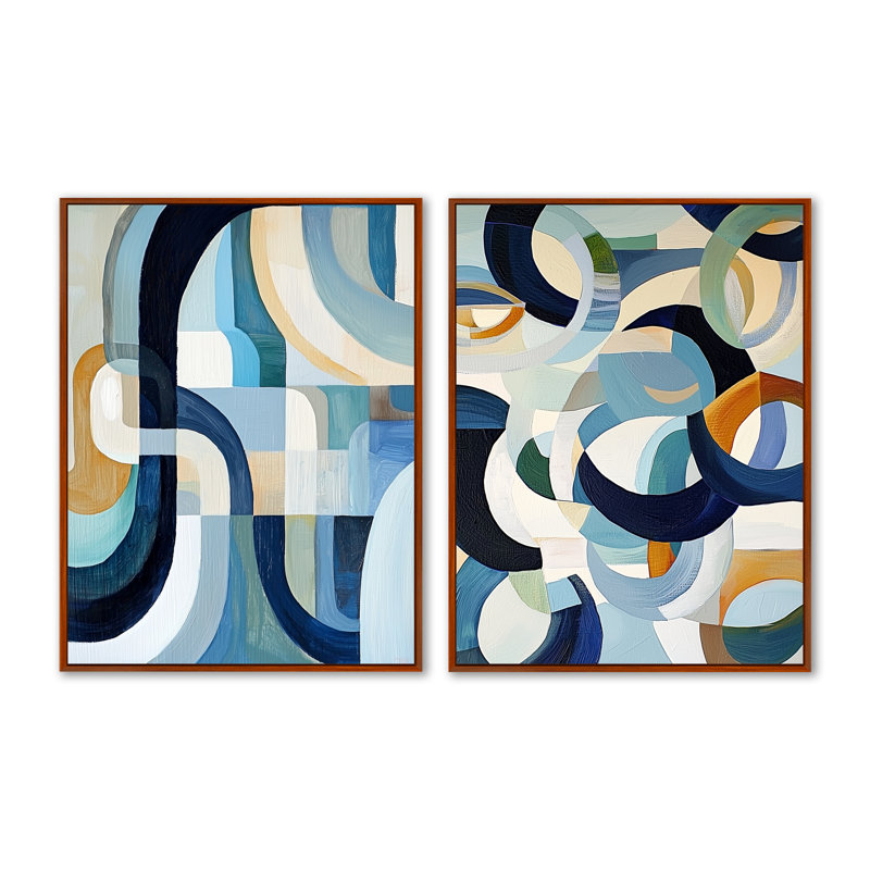 Cubist Blue Reality V - géométrique, décoration murale, art abstrait moderne 2 pièces, Cadre flottant brun, H 32 po x l 48 po