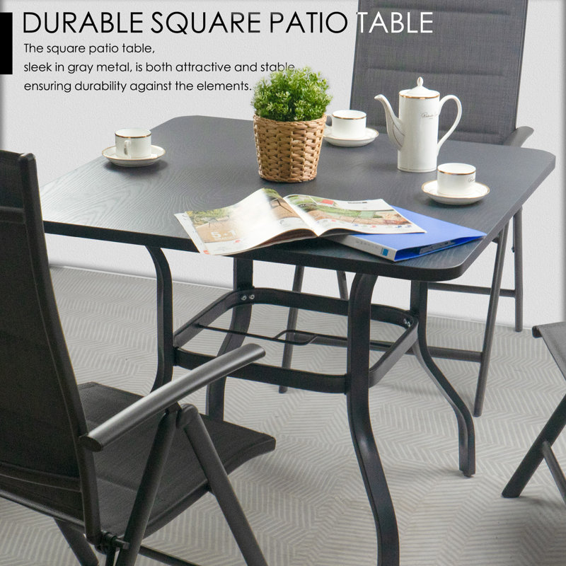 Square Metal Patio Dining Table with Woodgrain Top and Umbrella Hole