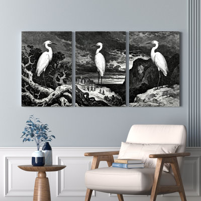 «Black and White Heron Landscape», ensemble de 3 reproductions d'art sur toile tendues