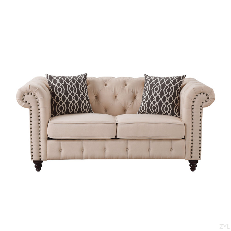Causeuse en lin beige avec 2 coussins, Beige, Noir