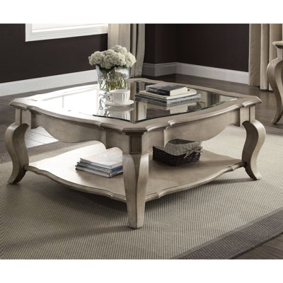 Table basse avec verre transparent et finition taupe, verre épais de 5 mm, boiseries festonnées, rangement à volutes pour pieds, largeur de 42 pouces de profondeur, 18 pouces de hauteur, structure rectangulaire biseautée à finition antique de 100 lb
