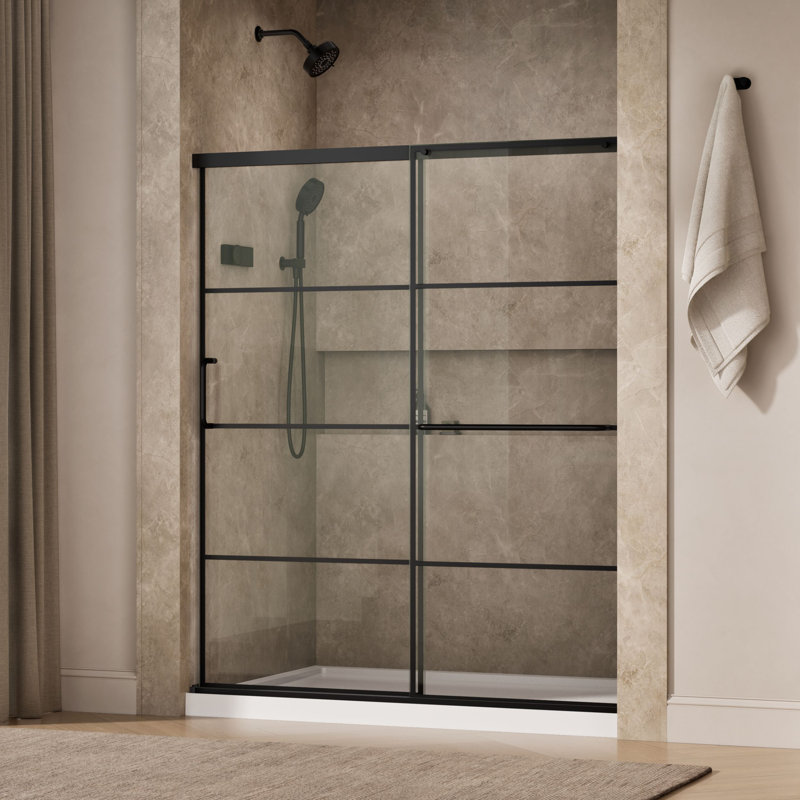 Elate Sliding Shower Door, 70-1/2" H x 56-1/4 - 59-5/8" W, With 1/4" Thick Crystal Clear Glass With Rectangular Grille Pattern