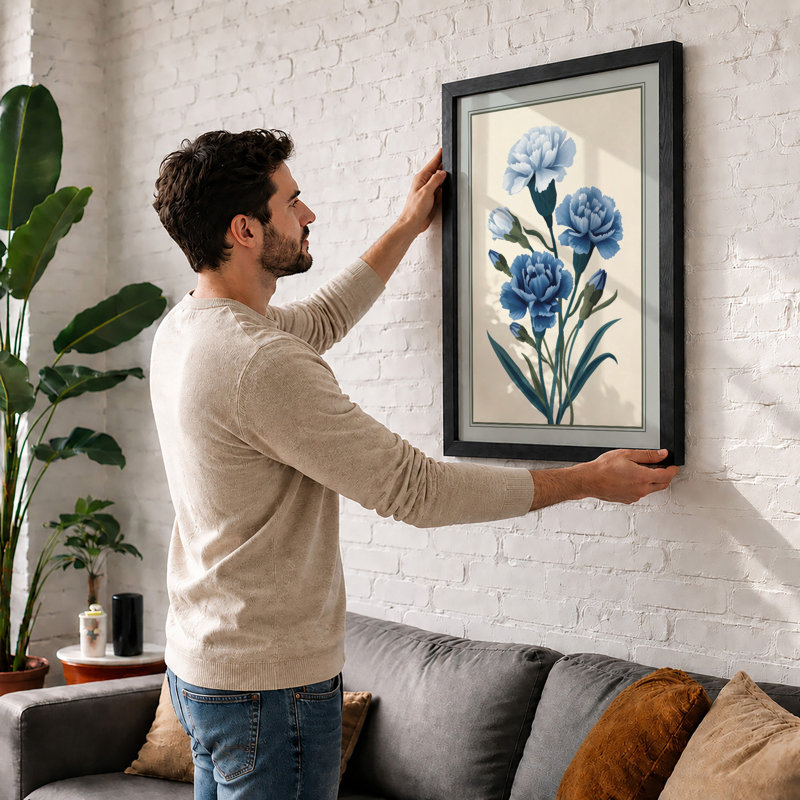 Blue Carnations Botanical - Framed Print, Oak, A3 - 42.0 x 29.7 cm