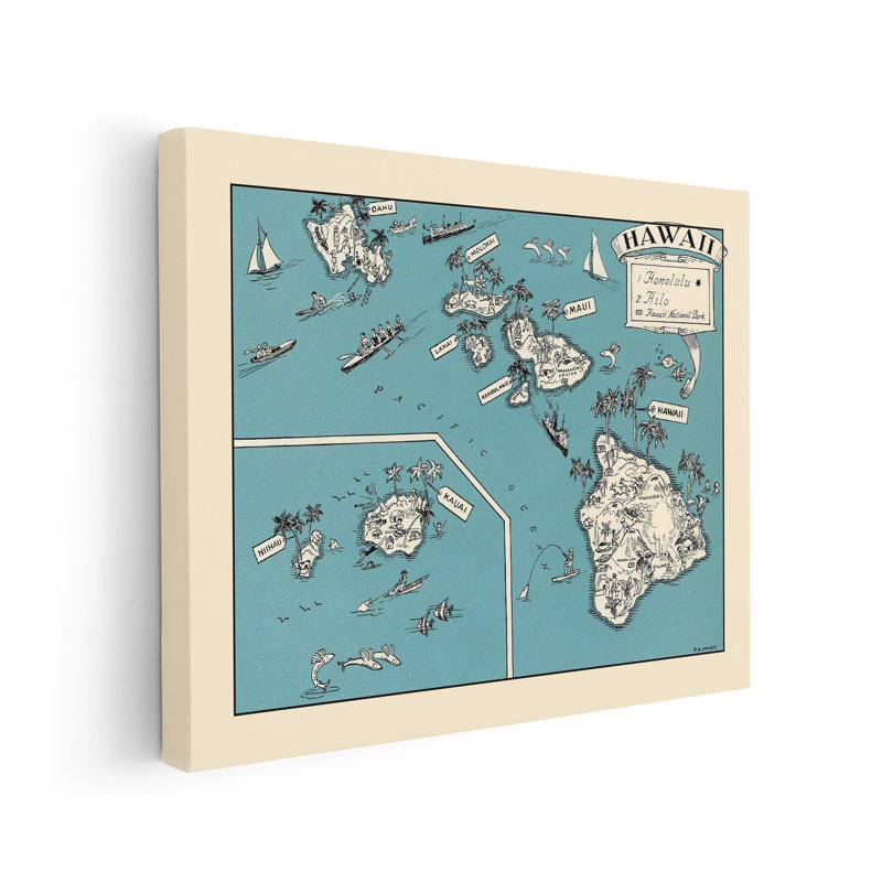 Carte illustrée d'Hawaï, Sans cadre, Canevas, H 11 po x l 14 po