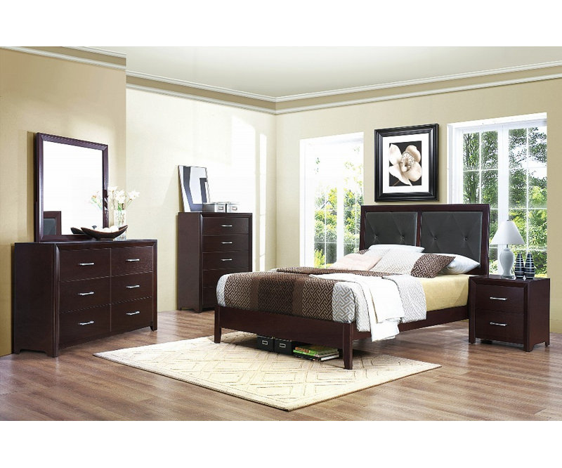 Lit pour grand lit 1pc avec finition espresso et tête de lit capitonnée en similicuir - aucun sommier nécessaire, conception robuste pour la chambre à coucher