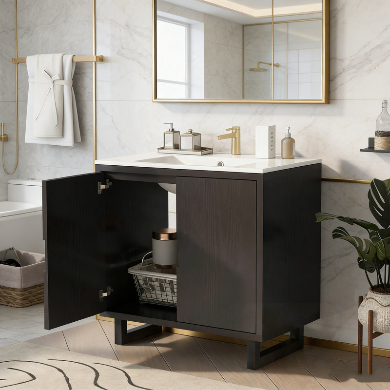 Meuble-lavabo avec lavabo, 2 portes et pieds robustes, Noir