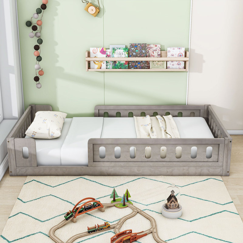 Lit plateforme simple en bois avec garde-corps, Naturel