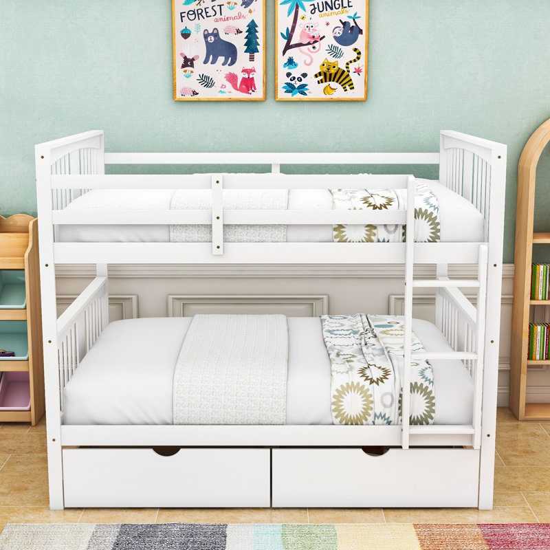 Full Over Full Wooden Bunk Bed With Storage Drawers, White