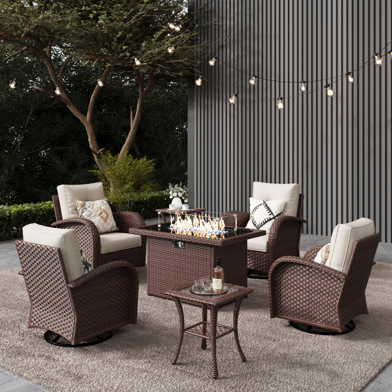 Lark Manor™ 7 Pieces Outdoor Patio Furniture Set with Fire Pit Table, Rattan Wicker Sectional Swivel Rocker Chairs Sets