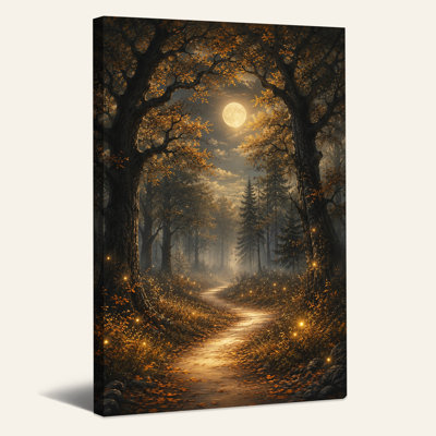 «Autumn Forest Path Under Full Moon with Glowing Halloween», art mural sur toile
