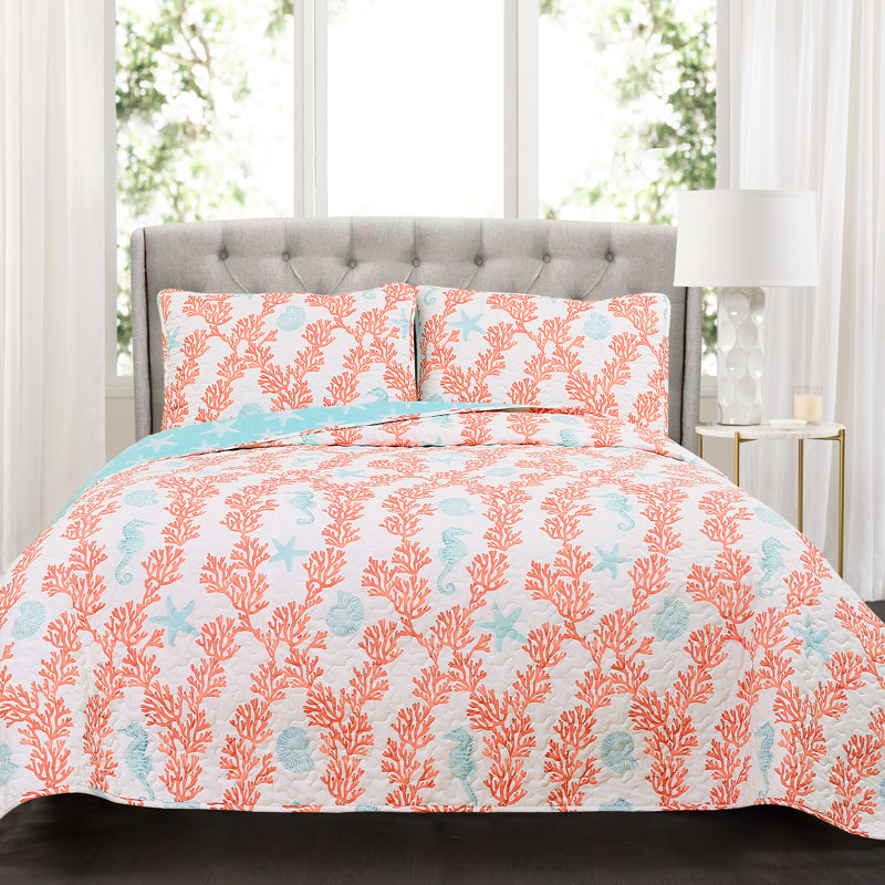 Queen Coral and Blue Cotton Reversible Quilt Set